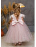 Feather Sleeve Blush Satin Tulle V Back Flower Girl Dress